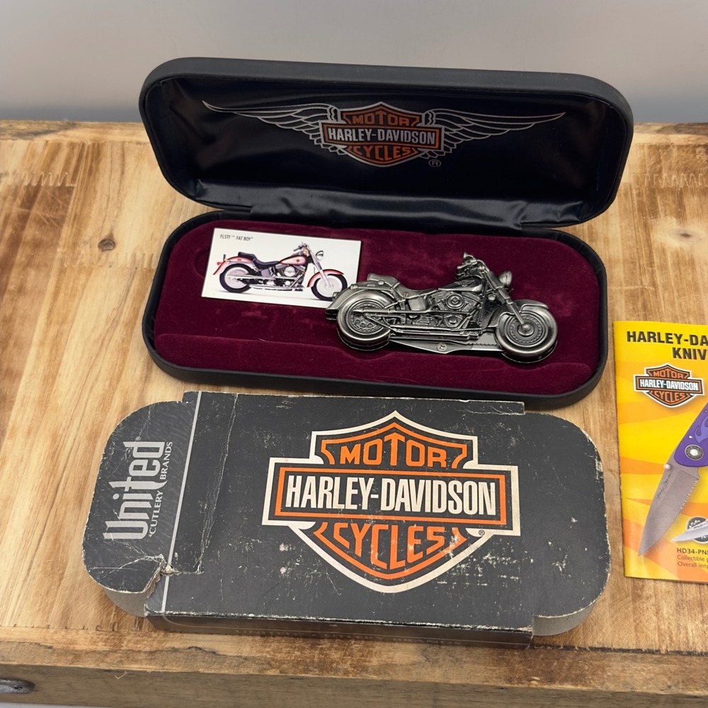 Harley Davidson Fat Boy FLSTF Knife Silver Pewter 1998 HD-5 United Cutlery Box
